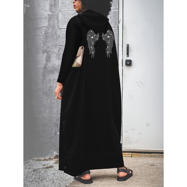 Elegant Plus Size Hooded Long Dress with Rhinestone Wing Detail, Polyester Knit Fabric Tunic with Side Slit and Pockets, Regular Long Sleeve Animal Pattern Maxi Dress for Spring/Fall - Medium Stretch